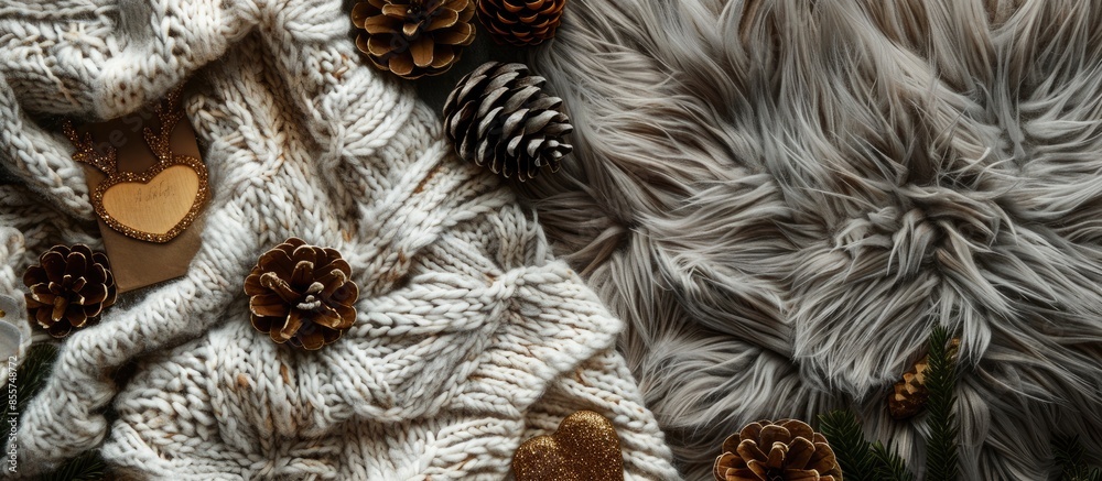 Poster knited sweater, pine cones, golden heart and reindeer over cozy and fur carpet. top view. with copy 