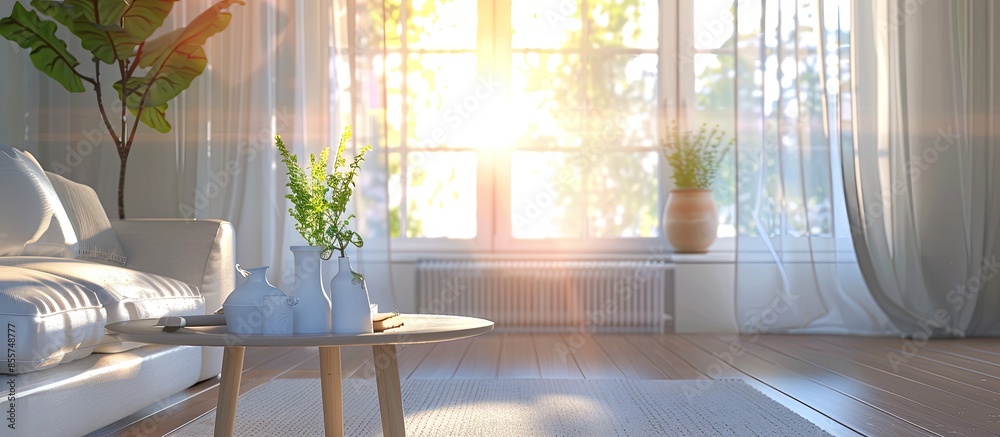 Poster Interior of modern home with furniture next to a bright window. with copy space image. Place for adding text or design