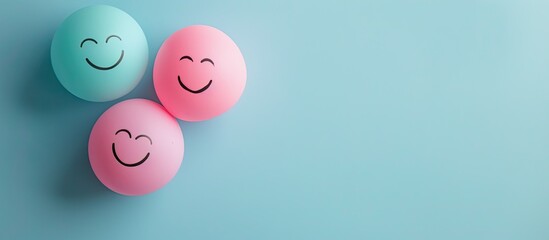 Couple Bubble smile with happy face on pastel blue background, Positive thinking, Mental health assessment, World mental health day concept. with copy space image. Place for adding text or design