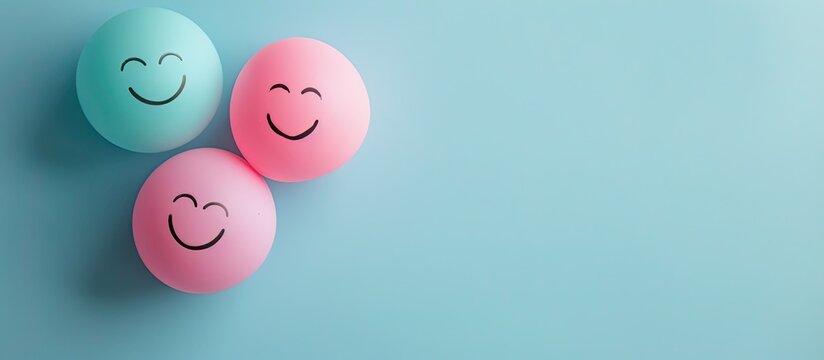 Couple Bubble smile with happy face on pastel blue background, Positive thinking, Mental health assessment, World mental health day concept. with copy space image. Place for adding text or design