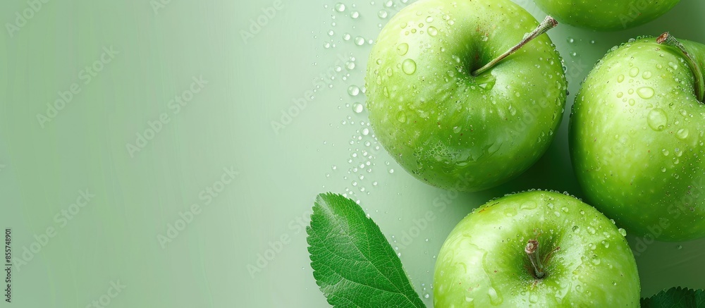 Aufkleber green apple closeup pastel background food water summer. with copy space image. place for adding tex