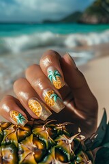 beautiful nail art inspired by a tropical pineapple summer cocktail