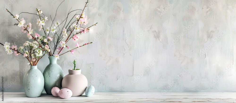 Aufkleber home interior with easter decor. spring flowers in a vases, easter eggs on a light background. with 