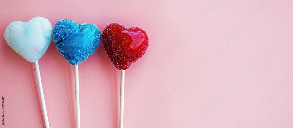 Poster white, blue and red heart shaped lollipops isolated on pastel background. love, candy or valentines 