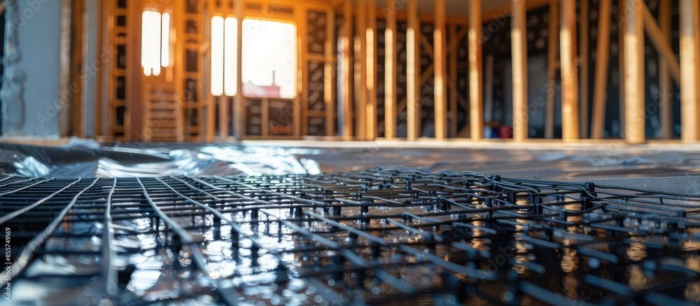 Poster Black underfloor heating posed in a under construction building. with copy space image. Place for adding text or design