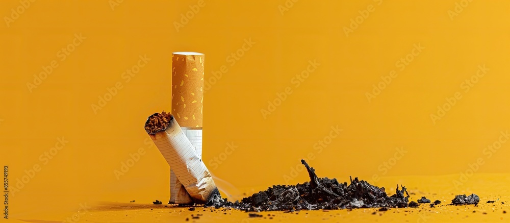 Poster A cigarette that has been burned, on a yellow background. with copy space image. Place for adding text or design