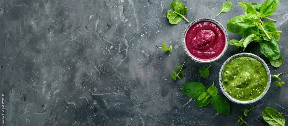 Poster vegan diet and nutrition, healthy detox, vegetarian concepts drinks. beet smoothie and green smoothi