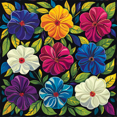 Fototapeta premium Elegant illustrations of blue and white flowers on a dark background, perfect for spring and summer themes. Ideal for Easter, Mother's Day, and other seasonal celebrations. Great for art, decor, and c