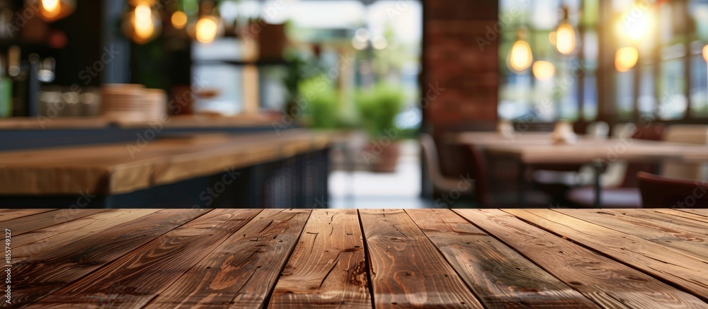 Poster Empty wooden table and blurred cafe interior background. with copy space image. Place for adding text or design