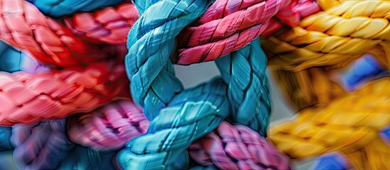 Arrow connection network as a social connected networking community joining together as a group of diverse ropes tied. Copy space image. Place for adding text or design