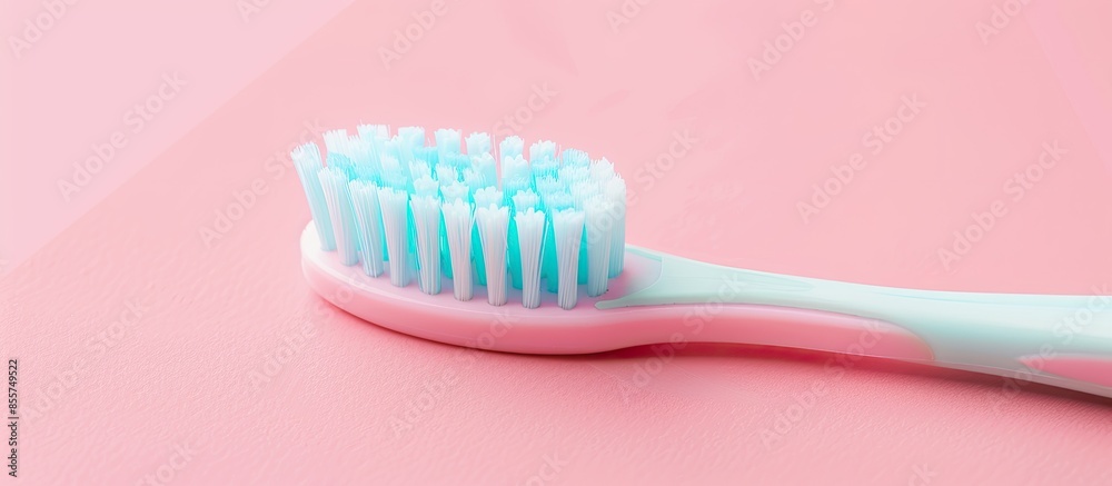 Poster Toothbrush on a pastel background with selective focus and crop fragment. with copy space image. Place for adding text or design