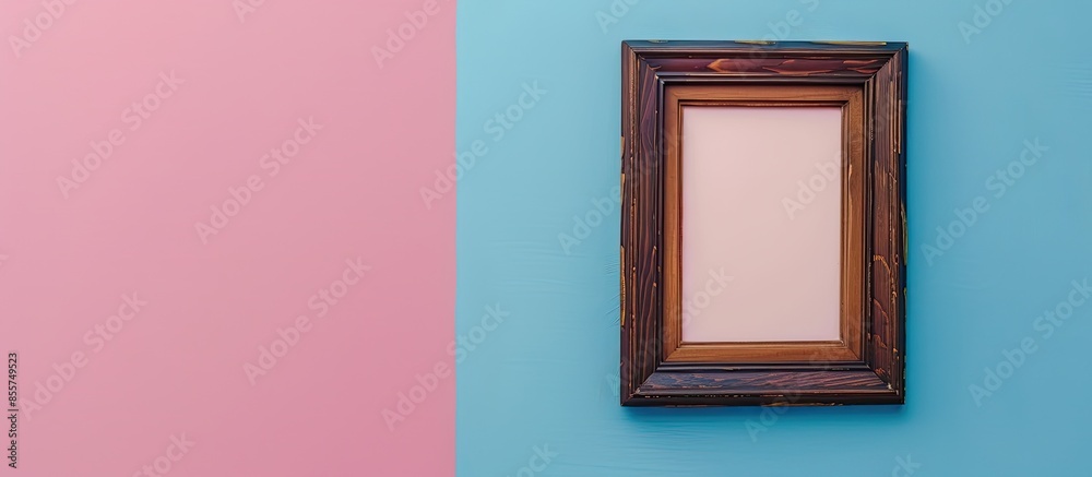 Poster dark brown natural wooden picture frame, isolated on pastel background. with copy space image. place