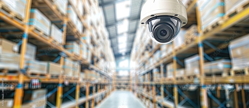 Poster Indoor CCTV monitoring, security cameras inside a warehouse store room. with copy space image. Place for adding text or design