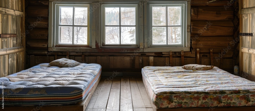 Aufkleber three mattresses in the bedroom at an old wooden house. with copy space image. place for adding text