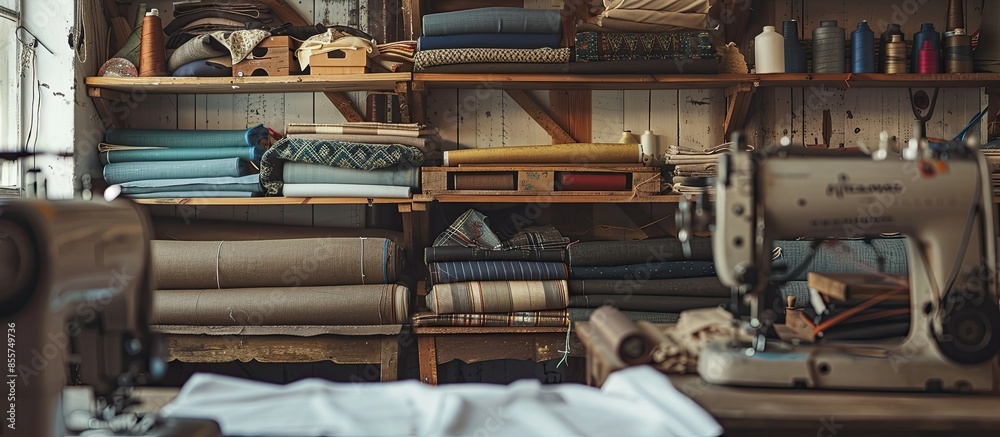 Poster tailor's workplace. fabrics on wooden shelves. sewing machines. with copy space image. place for add