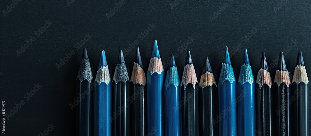 Poster Blue pencil standing out from the row of black pencils. Copy space image. Place for adding text or design