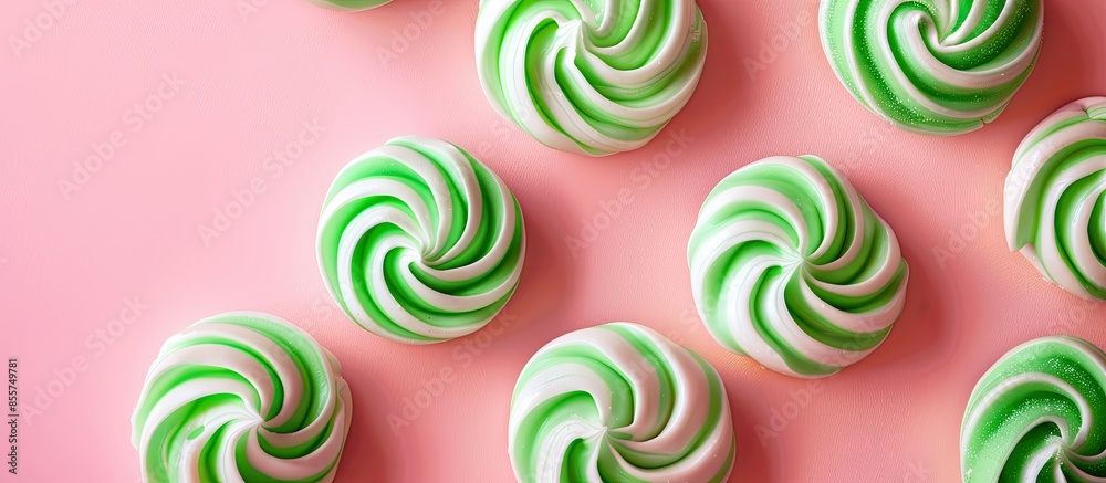 Aufkleber green swirl peppermint candies over pastel background. with copy space image. place for adding text 