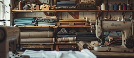 Tailor's workplace. Fabrics on wooden shelves. Sewing machines. with copy space image. Place for adding text or design