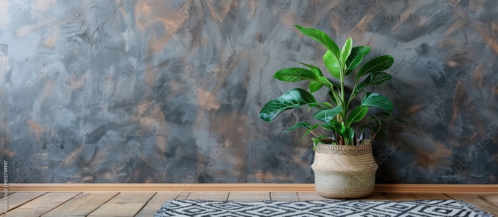 Poster Green Plant on Wood Table with Geometric Rug. with copy space image. Place for adding text or design