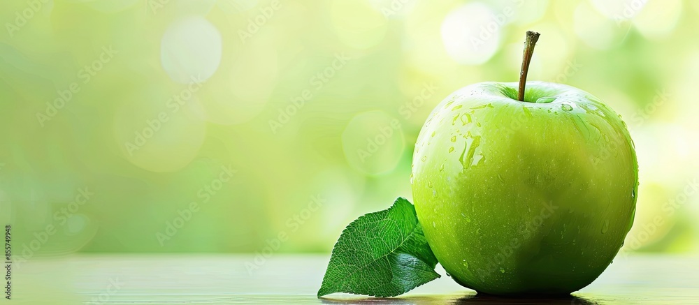 Poster green apple closeup pastel background food water summer. with copy space image. place for adding tex
