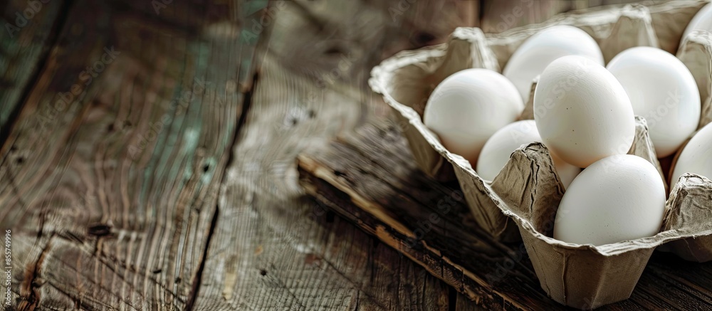 Poster white eggs in a paper container on wooden boards. cooking theme background. with copy space image. p