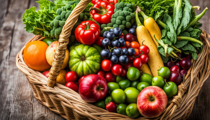 Organic fresh fruits and vegetables in a wicker basket on a wooden background