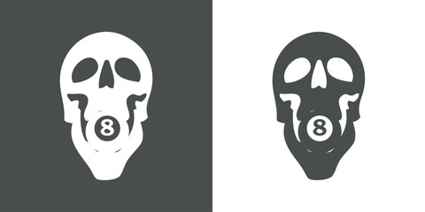 Símbolo pirata. Logo de calavera humana con pelota número 8 de billar en boca abierta para invitaciones y tarjetas de Halloween