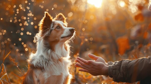 A trainer teaching a dog to perform a trick in an outdoor setting, Bonding moments with pets