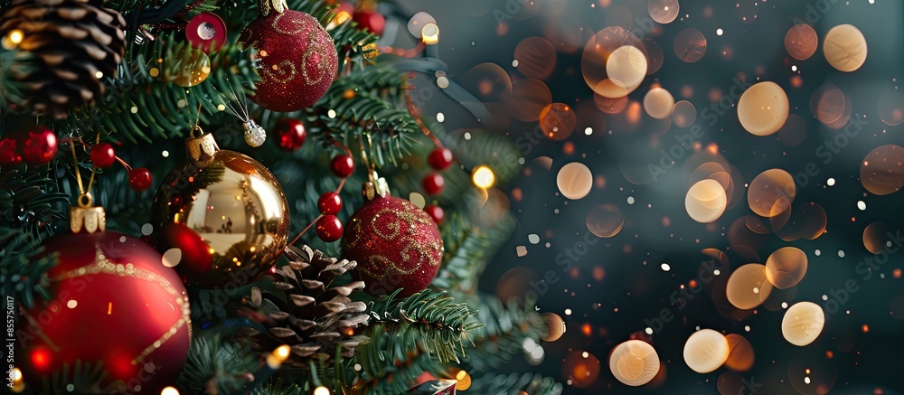Poster Christmas tree decorated with red toys, ornaments, pine cones, beads bokeh lights dark close-up. with copy space image. Place for adding text or design