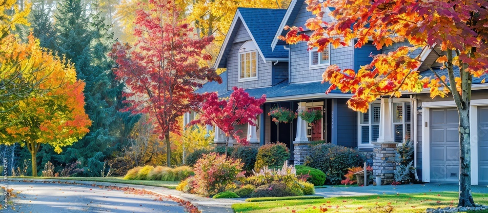 Aufkleber autumn colorful trees and in the front yard of house. with copy space image. Place for adding text or design