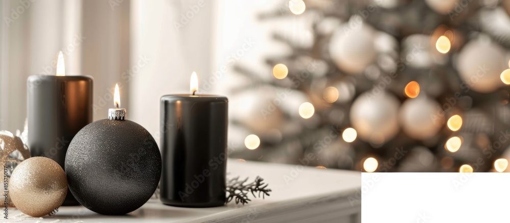 Aufkleber black burning candles with christmas balls in white interior. with copy space image. place for addin