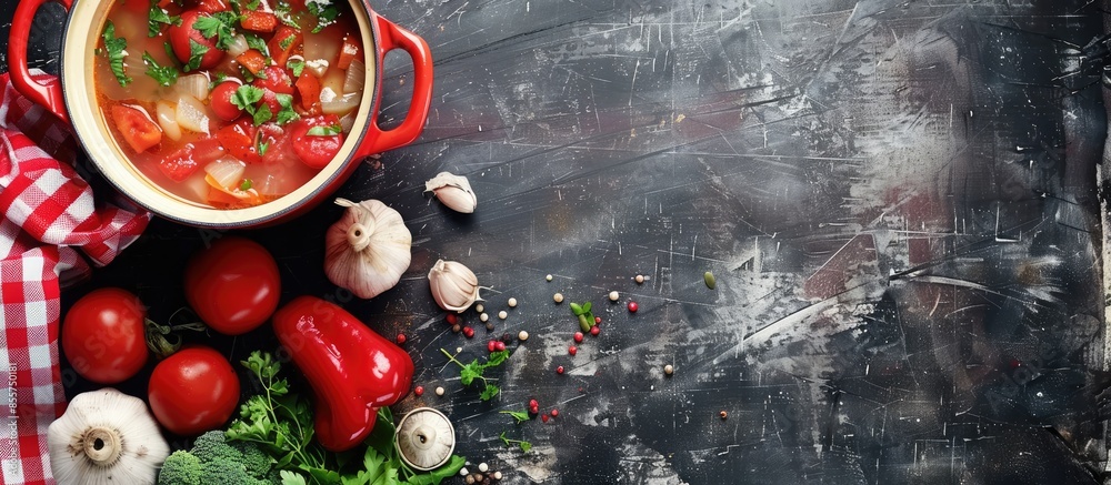 Poster Big red pot for soup with vegetables. Copy space image. Place for adding text or design