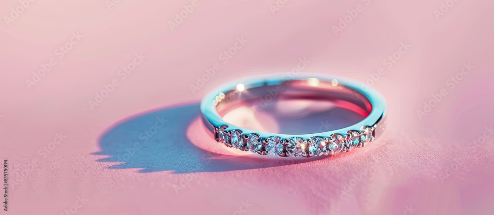 Poster Casual style white gold ring with diamonds Isolated on pastel background. Silver wedding ring band with gemstones. with copy space image. Place for adding text or design