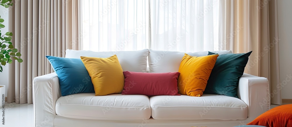 Poster large white sofa with colorful cushions in a spacious living room interior with curtain and white wa