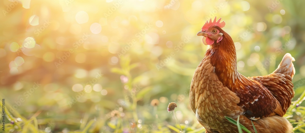 Poster brown hen sitting down in a warm day in the backyard pastel background. with copy space image. Place for adding text or design