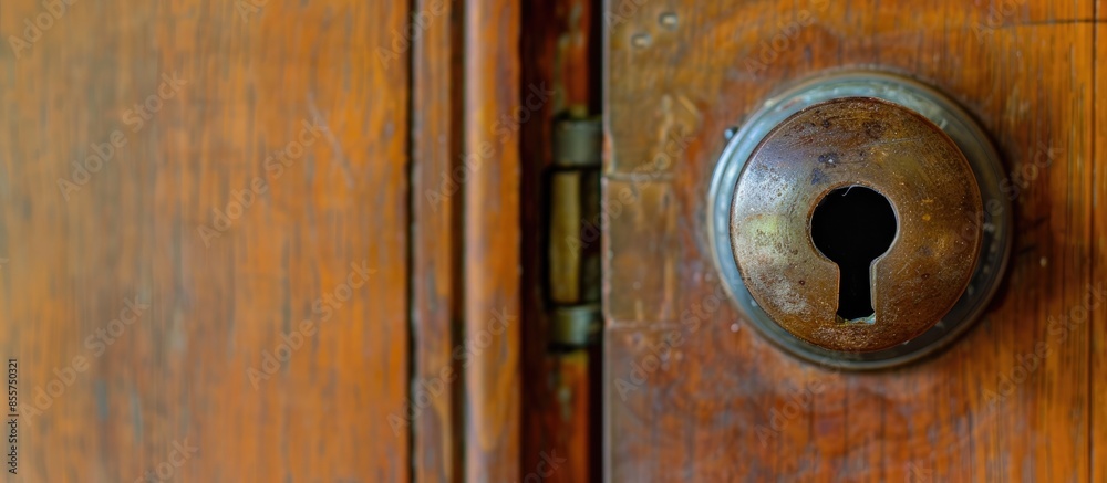 Poster The key is inserted into the keyhole to open the door. with copy space image. Place for adding text or design