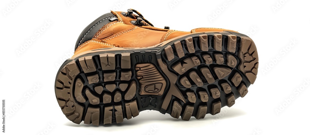 Aufkleber Bottom view of sports leather boot isolated on white background. Shoe sole with clipping path. Full Depth of Field. with copy space image. Place for adding text or design