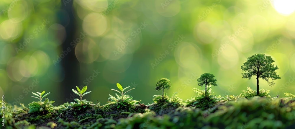 Leinwandbilder Small trees of different sizes growing on green background concept of caring for the environment and world environment day. with copy space image. Place for adding text or design