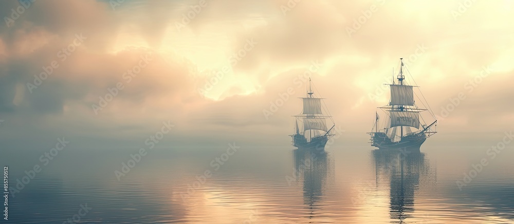 Poster two ships in calm sea pastel background Caravel   Design. with copy space image. Place for adding text or design