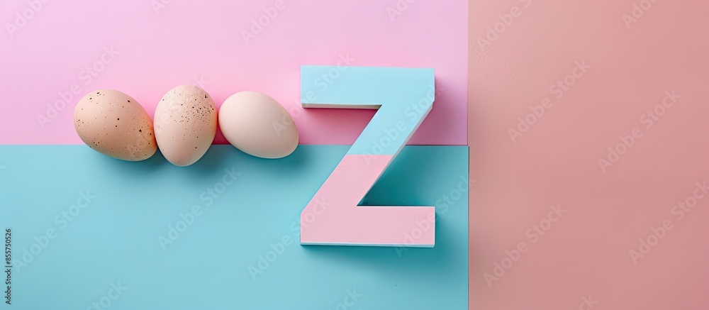 Poster Letter Z from chicken eggs,  Isolated on pastel background. with copy space image. Place for adding text or design