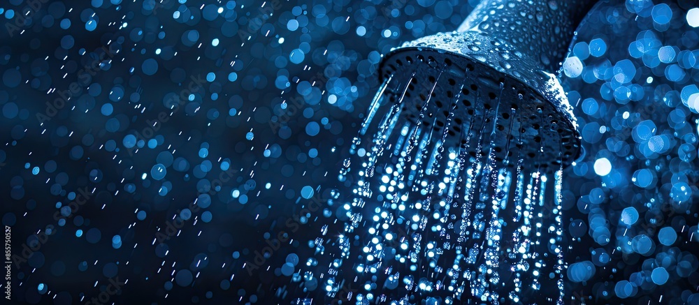 Poster Drops of water fall from a watering can in the shower in blue light. Water drops close-up. Flow of water. Big round watering can. with copy space image. Place for adding text or design