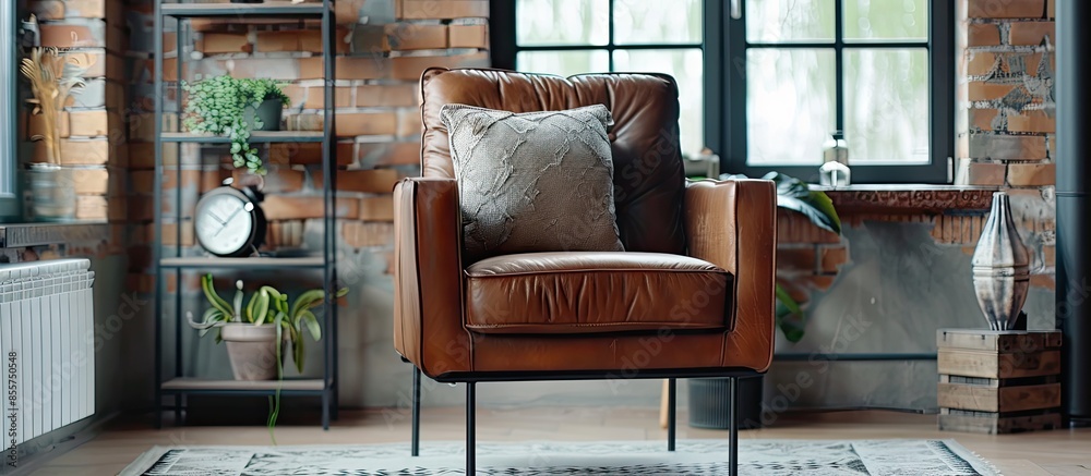 Poster leather armchair with fabric pillow in the living room. with copy space image. place for adding text