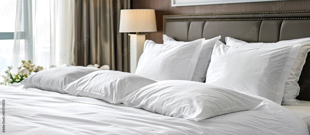 Aufkleber clean white sheets and pillows on a bed. with copy space image. place for adding text or design