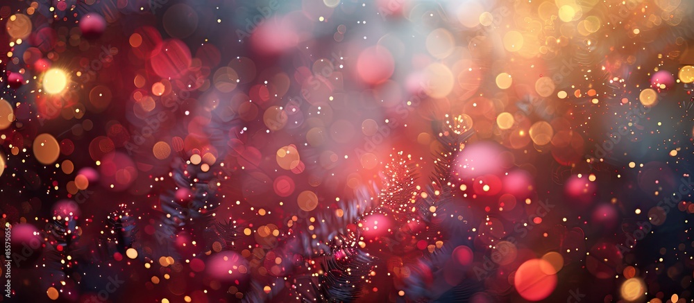 Poster Christmas lights background with bokeh effect, defocused new year year tree backdrop. with copy space image. Place for adding text or design