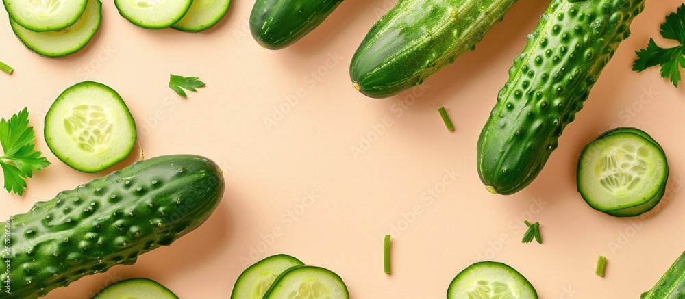 Poster Fresh cucumbers, whole and sliced pastel background. with copy space image. Place for adding text or design