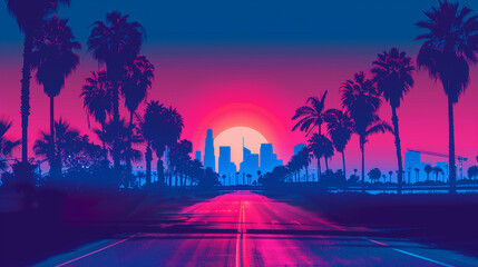 sunset in the city, vaporwave illustration