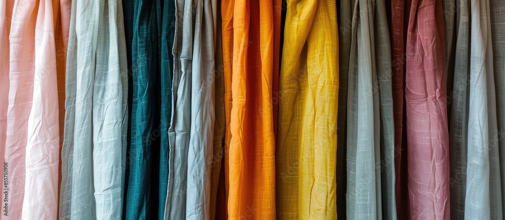 Poster Beautiful curtains of different colors hang on the stand for sale. Curtains hang on the stand in the store. with copy space image. Place for adding text or design