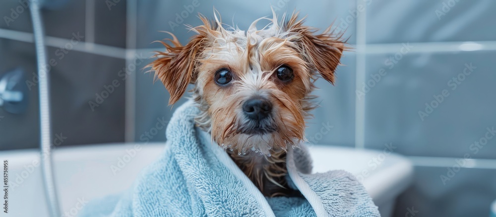 Poster happy little dog in the bathroom after a bath wrapped in a towel. with copy space image. place for a