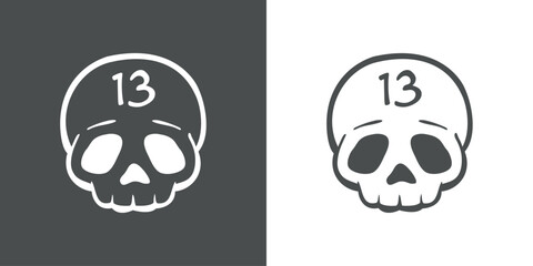 Símbolo pirata. Mala suerte. Logo de calavera humana con número 13 para invitaciones y tarjetas de Halloween