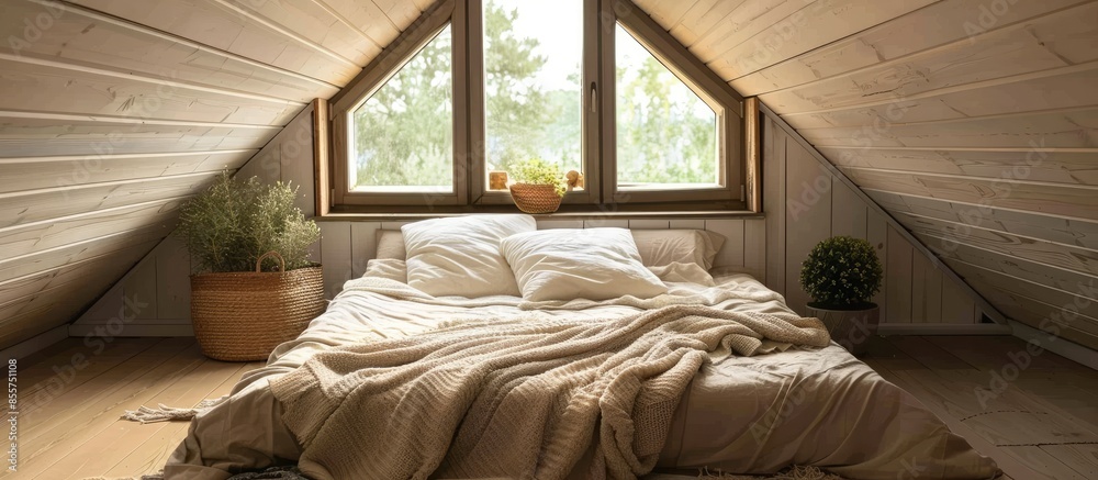 Aufkleber Comfortable wooden bed with blanket and cushions placed in light attic with small window and decorative frames in stylish apartment. with copy space image. Place for adding text or design
